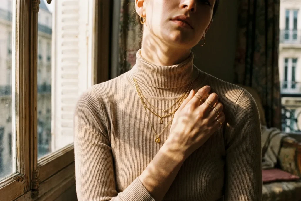 Gros plan sur le cou et les mains d'une femme portant des chaînes dorées superposées, des créoles et des bagues empilées sur une maille beige