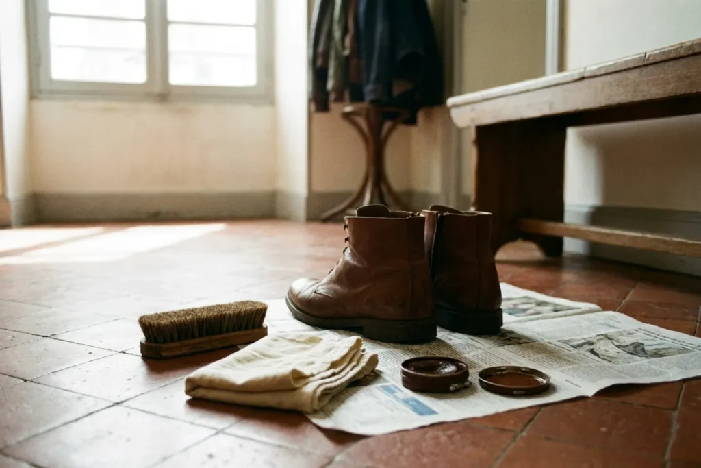 Nature morte d'une paire de bottes en cuir brun posées sur du papier journal, avec une brosse, un chiffon et une boîte de cirage, dans une entrée française à la lumière douce du jour