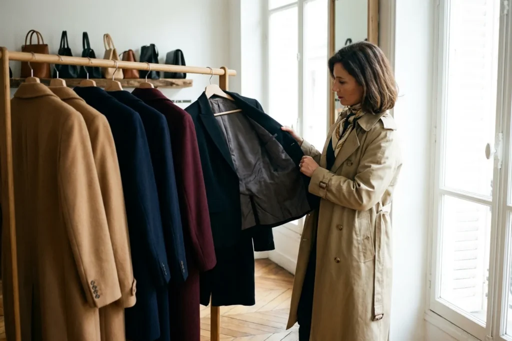Intérieur d'une boutique de dépôt-vente élégante à Paris : un portant de manteaux structurés, une étagère de sacs en cuir et une femme qui examine la doublure d'une veste à la lumière du jour