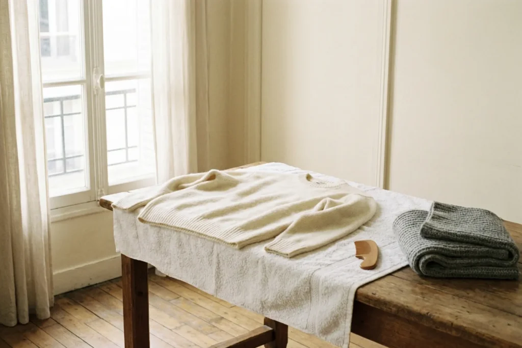 Pull en laine écru séchant à plat sur une serviette blanche près d'une fenêtre, un petit peigne à cachemire posé à côté, lumière douce d'un appartement français