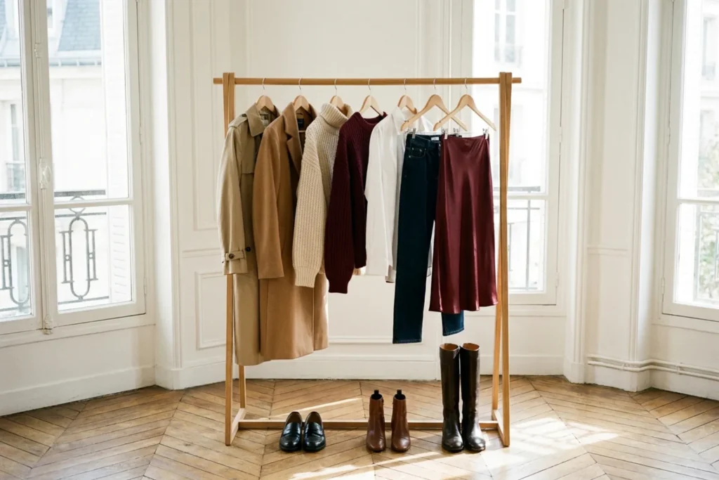 Portant de vêtements avec une garde-robe capsule d'automne, trench, manteau camel, pulls, jean droit, jupe midi et bottes alignées, dans un appartement parisien lumineux