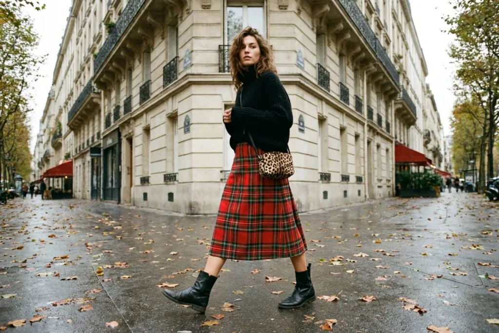 Femme en jupe midi en laine tartan, col roulé noir et bottes noires, un petit sac léopard à la main, marchant dans une rue de Saint-Germain-des-Prés sous la lumière douce de l'automne