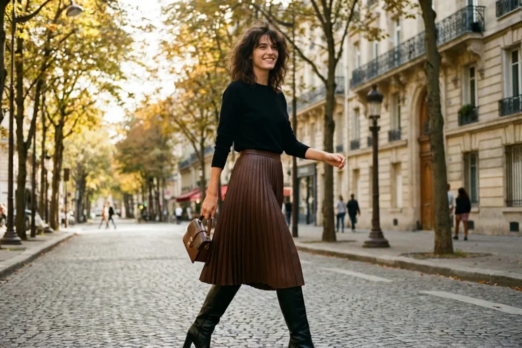 Une femme en jupe midi plissée marron chocolat, pull noir ajusté et bottes hautes marche sur une avenue parisienne bordée d'arbres, dans la lumière dorée de septembre