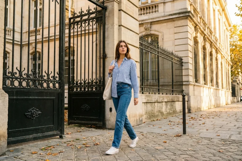 Jeune femme en chemise rayée, jean droit et baskets blanches, un cabas en toile à l'épaule, passant devant la grille d'une université parisienne par un matin de septembre