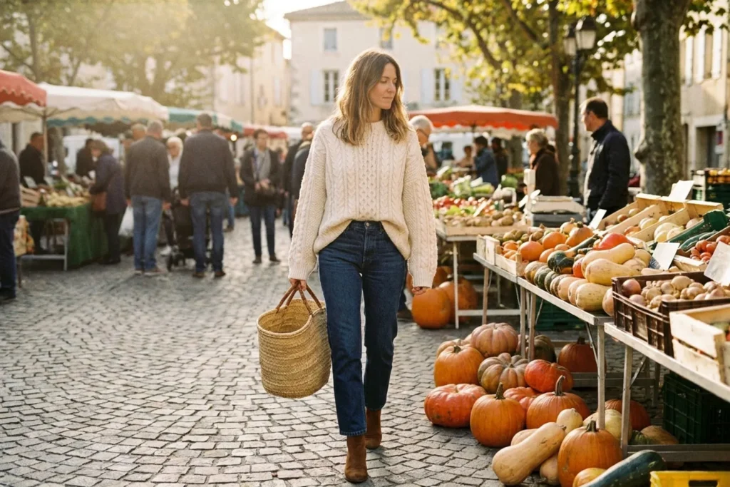 Femme en gros pull avoine, jean droit et bottines en daim portant un panier sur un marché de village un matin d'automne