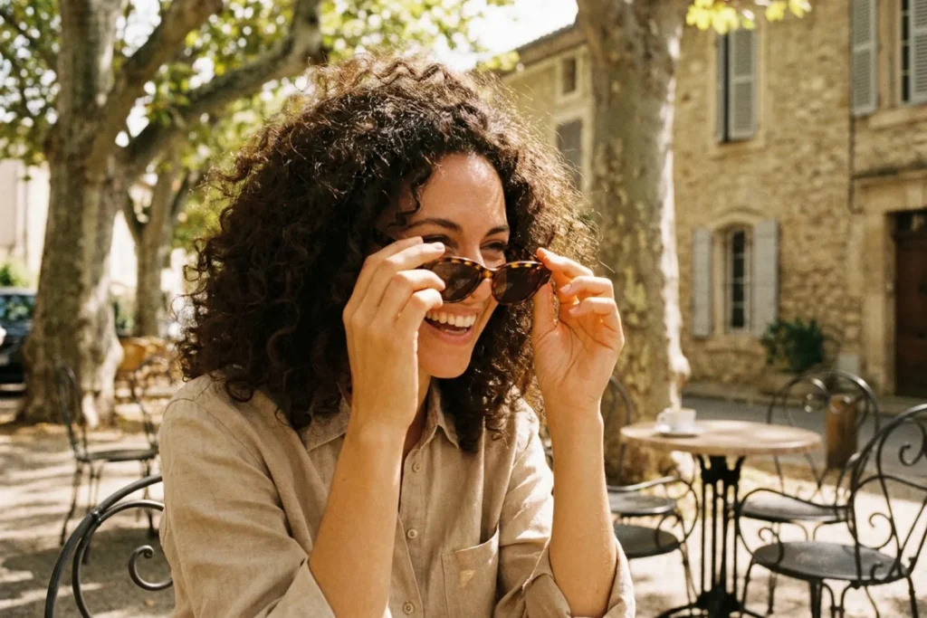 Portrait d'une femme aux cheveux bouclés essayant des lunettes de soleil écaille à la terrasse d'un café dans le sud de la France
