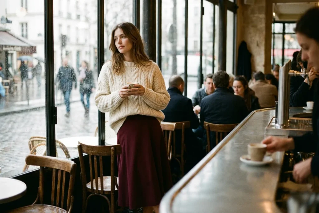 Une femme en gros pull crème à torsades rentré dans une jupe midi bordeaux, debout près de la fenêtre d'un café parisien, une tasse fumante à la main