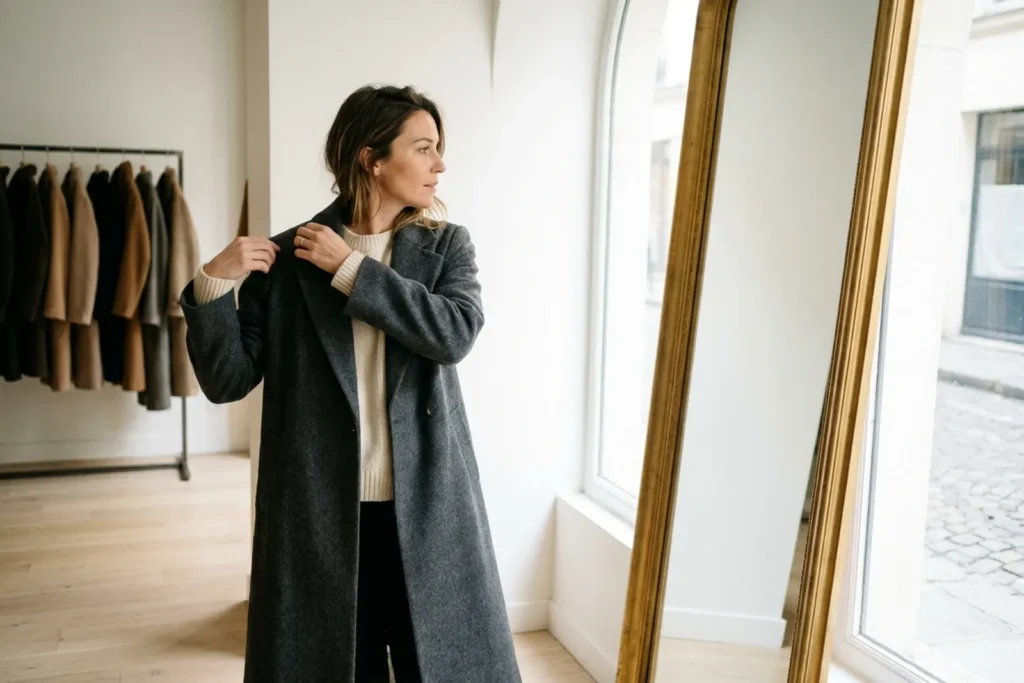 Une femme essaie un long manteau en laine anthracite devant le miroir d'une boutique lumineuse à Paris et vérifie la tombée des épaules