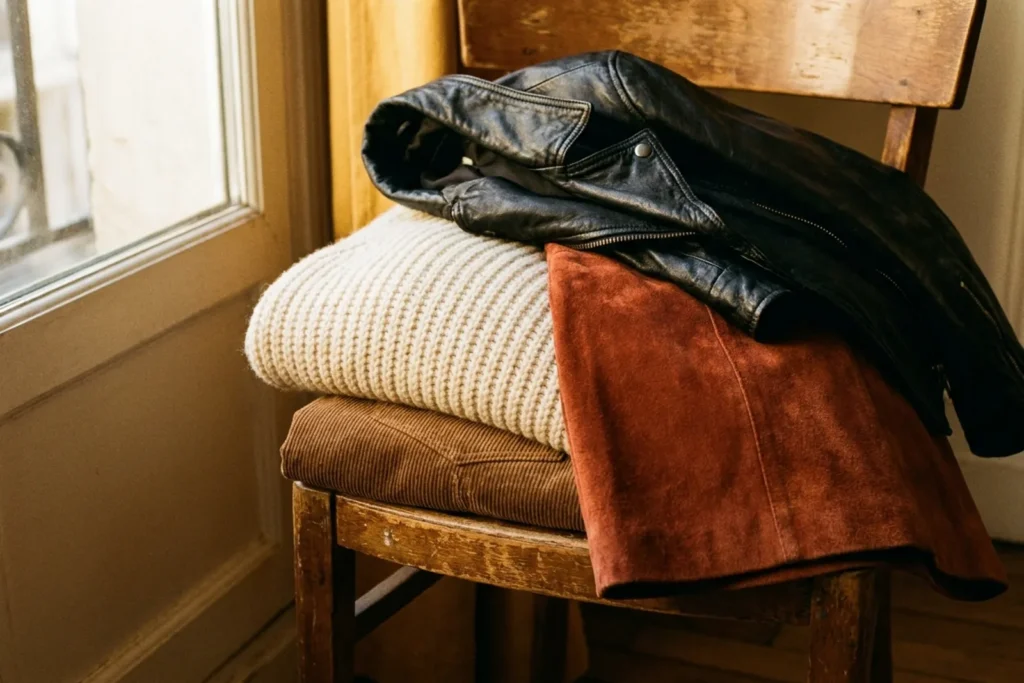 Nature morte de matières d'automne posées sur une chaise en bois : grosse maille crème, velours côtelé brun, cuir noir souple et daim rouille sous une lumière chaude