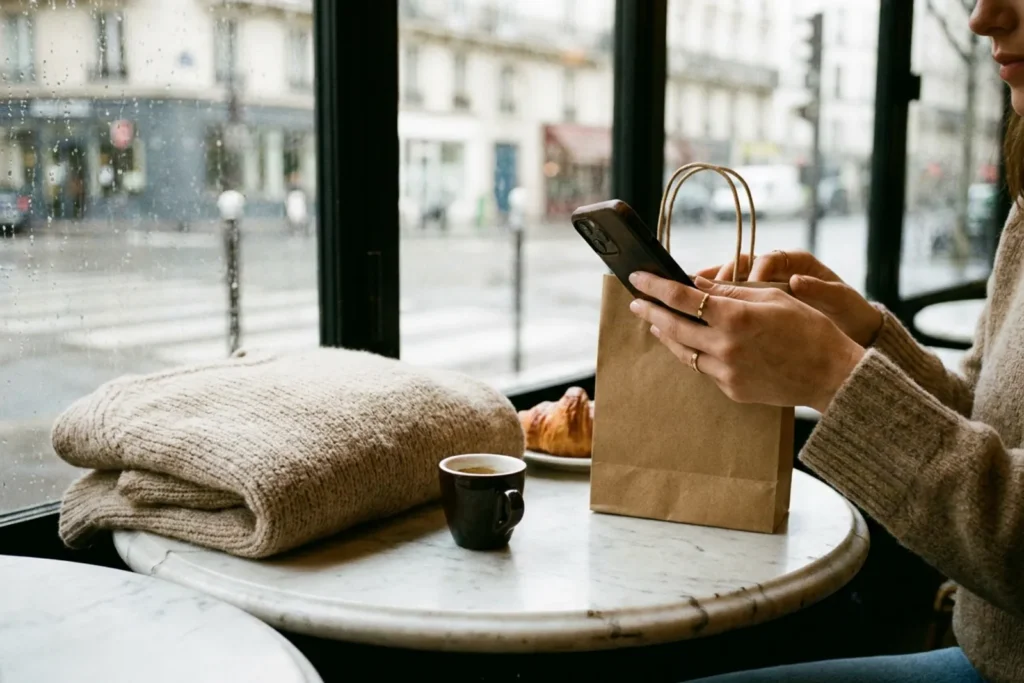 Mains d'une femme tenant un smartphone et un petit sac en papier sur une table de café en marbre, un pull plié posé à côté