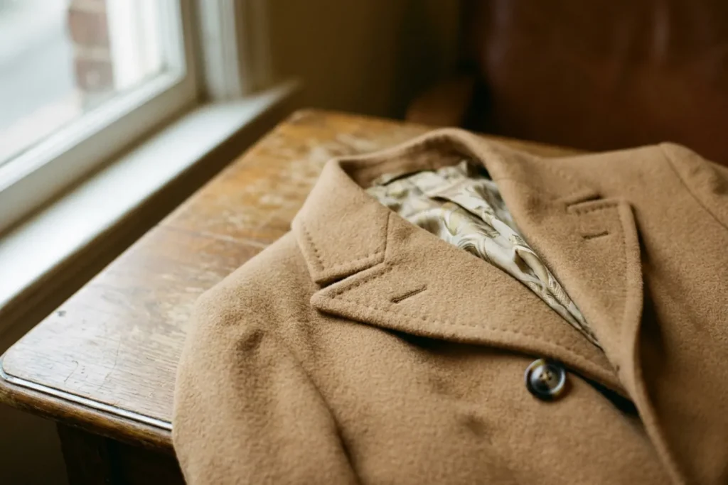 Gros plan sur le revers d'un manteau en laine : coutures régulières, bouton en corne et bord de doublure, à la lumière d'une fenêtre