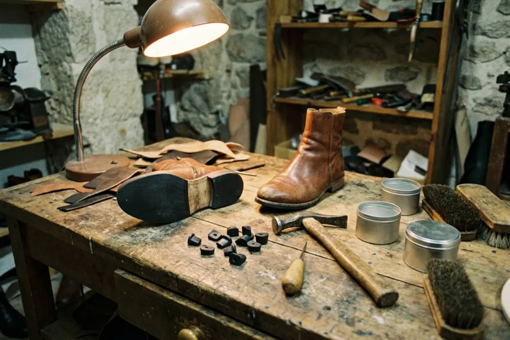 Établi de cordonnier dans une petite boutique française, avec une paire de bottes en cuir pour femme en cours de ressemelage, outils et cirage autour, lumière chaude d'atelier
