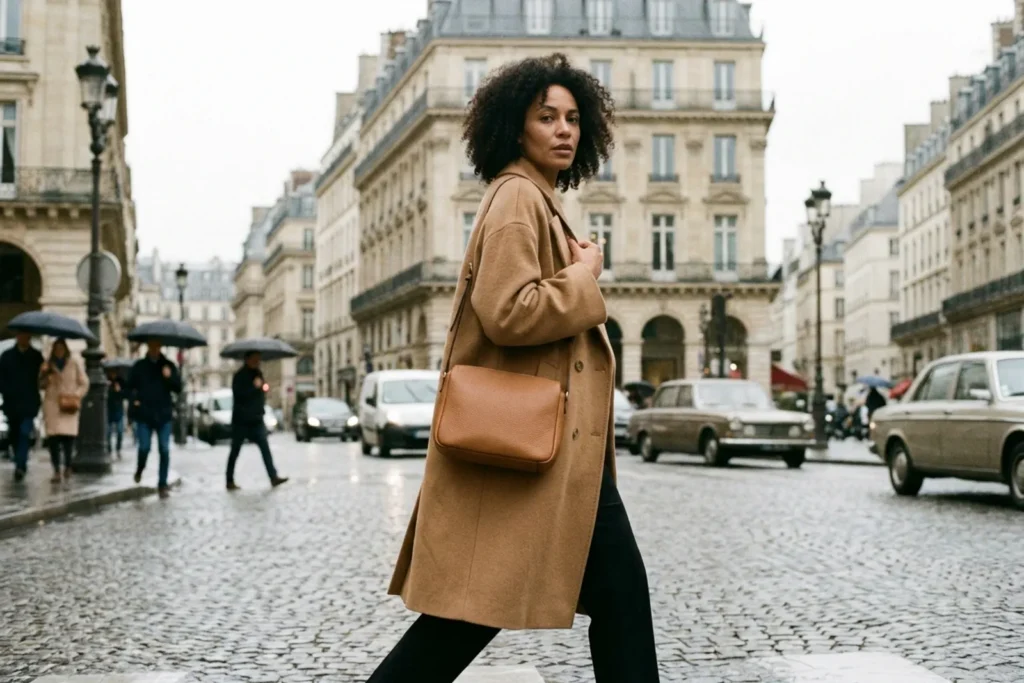 Femme d'une trentaine d'années traversant une rue de Paris en manteau camel, un sac structuré en cuir fauve porté à l'épaule