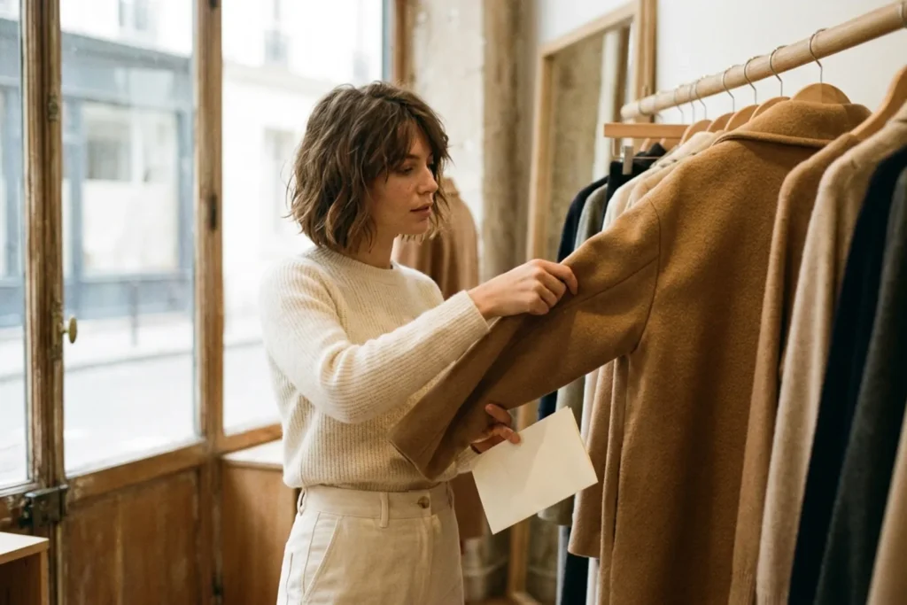 Une femme passe en revue un portant de manteaux dans une boutique lumineuse de Lyon, une note pliée à la main