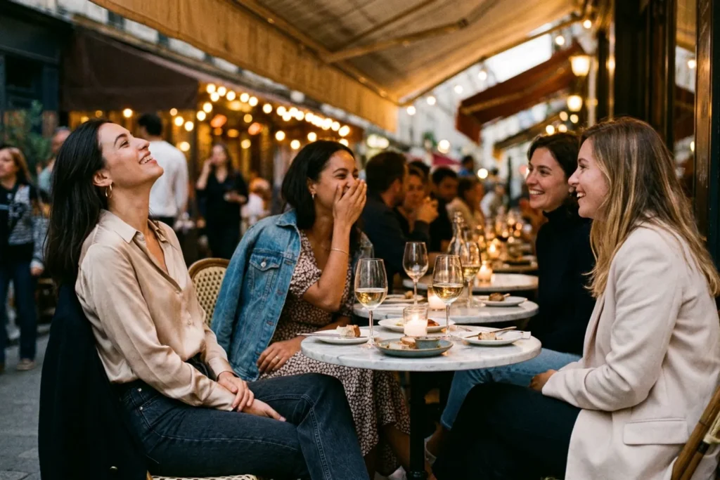 Quatre amies rient autour d'une table de bistrot parisien éclairée à la bougie, l'une en blouse satinée et jean, une autre en robe midi fluide