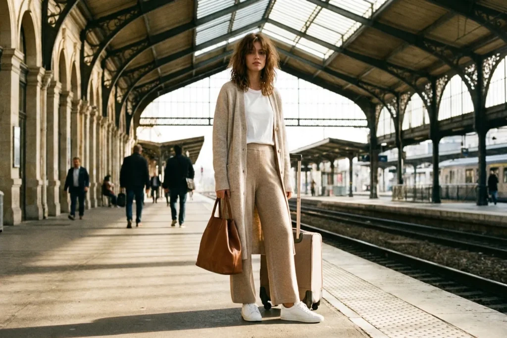 Femme sur un quai de gare en pantalon large en maille, long gilet, baskets blanches et cabas en cuir, sous la lumière du matin