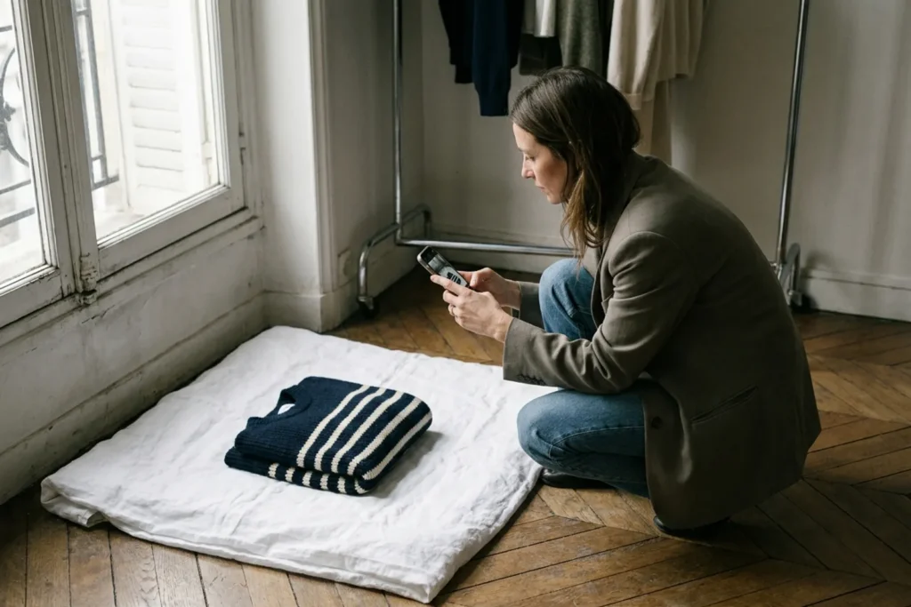 Une femme photographie avec son téléphone un pull rayé plié sur un drap blanc, près d'une fenêtre